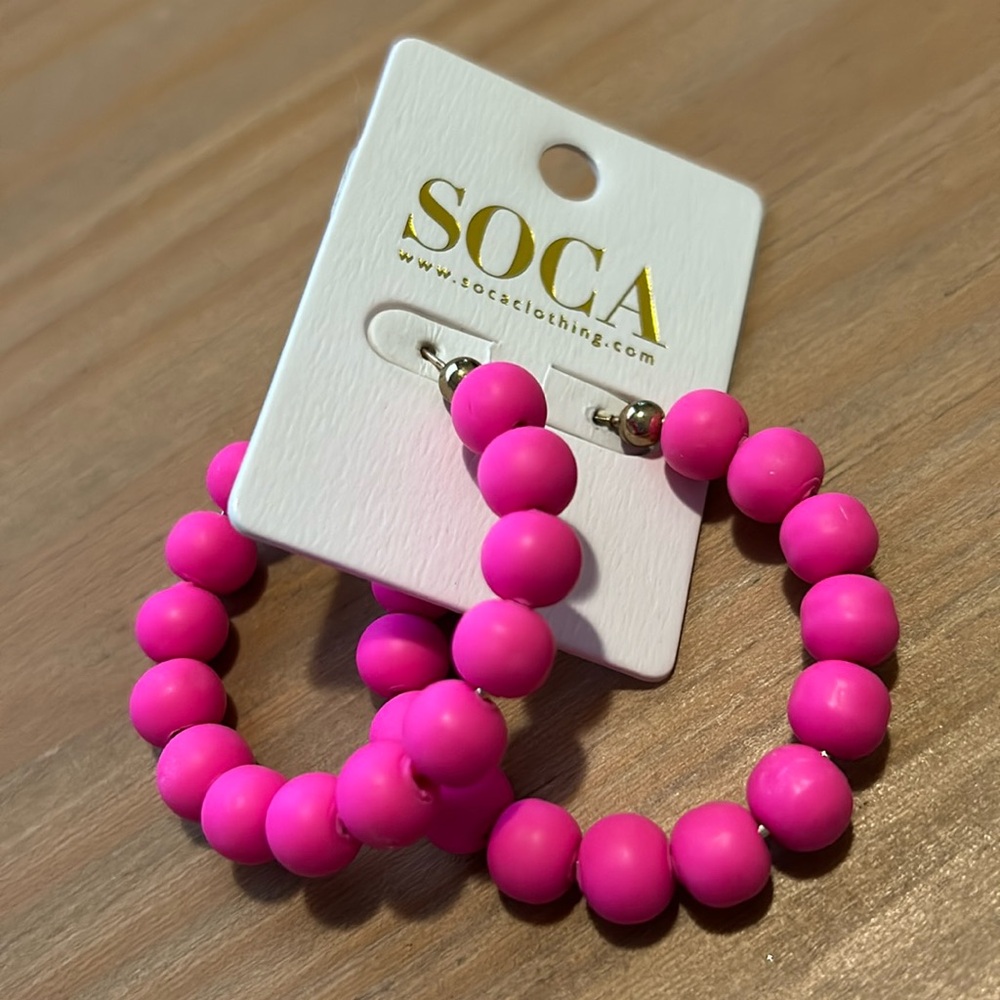 Clay Ball Hoop Earrings in Hot Pink